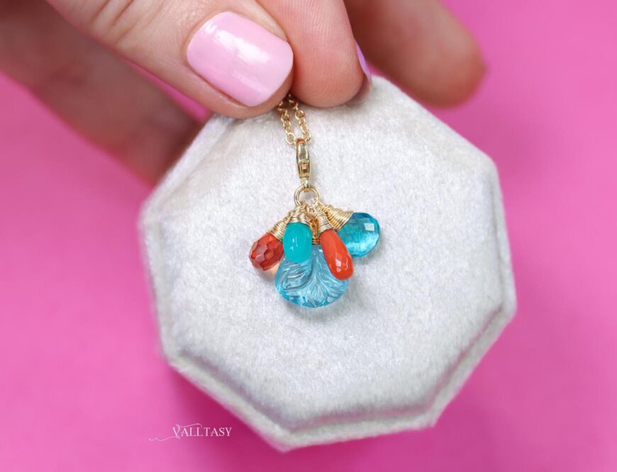 Solid Gold 14K Carved Blue Topaz and Italian Coral Charm with a Lobster Clasp