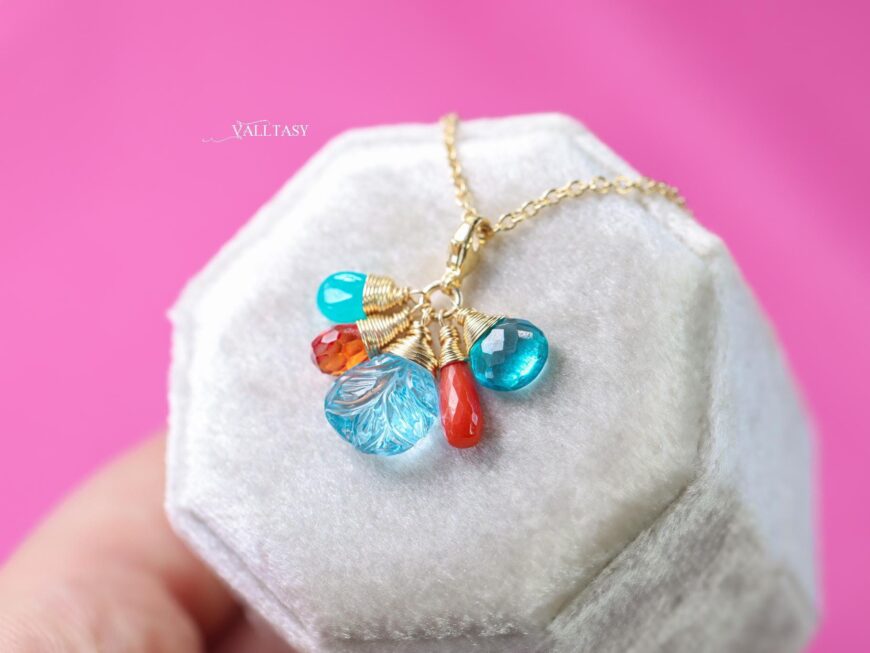 Solid Gold 14K Carved Blue Topaz and Italian Coral Charm with a Lobster Clasp