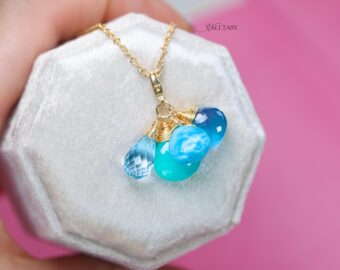 Solid Gold 14K Larimar and Aquamarine Charm with a Lobster Clasp