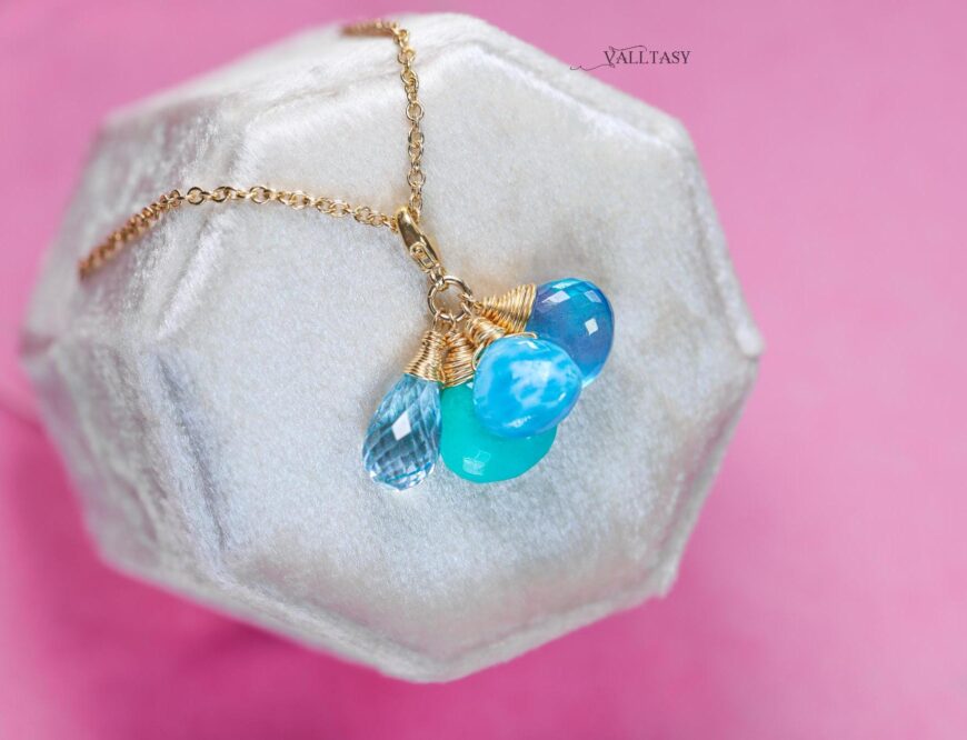 Solid Gold 14K Larimar and Aquamarine Charm with a Lobster Clasp