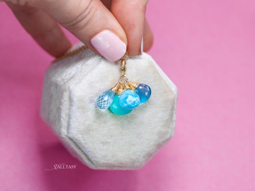 Solid Gold 14K Larimar and Aquamarine Charm with a Lobster Clasp