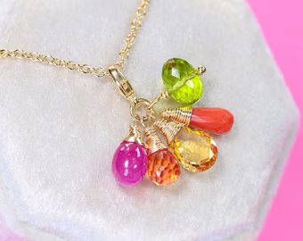 - Solid Gold 14K Multi Gemstone Charm with a Lobster Clasp