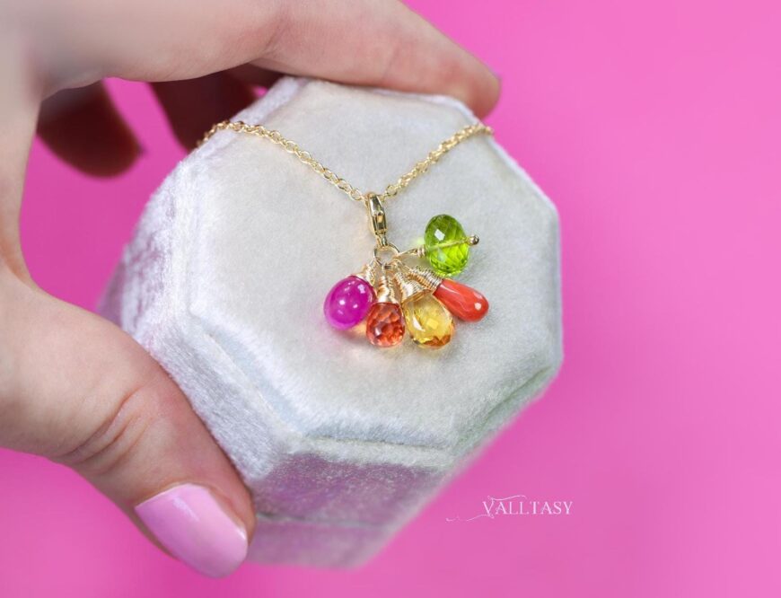 Solid Gold 14K Multi Gemstone Charm with a Lobster Clasp