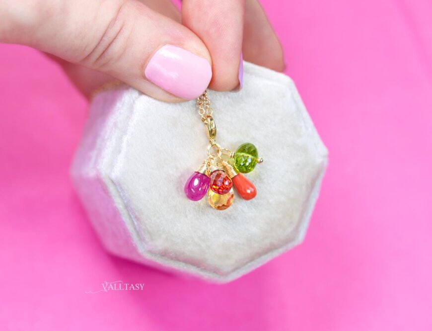 Solid Gold 14K Multi Gemstone Charm with a Lobster Clasp