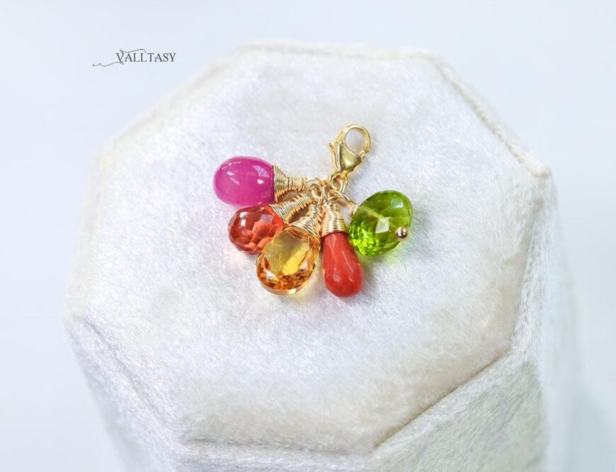 Solid Gold 14K Multi Gemstone Charm with a Lobster Clasp