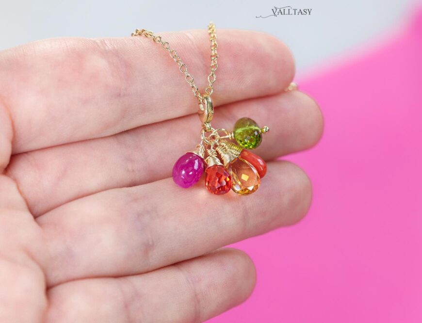 Solid Gold 14K Multi Gemstone Charm with a Lobster Clasp