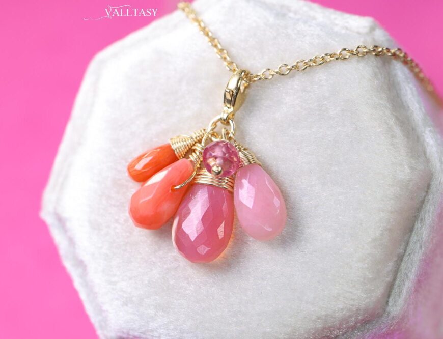 Solid Gold 14K Pink Opal and Italian Pink Coral Charm with a Lobster Clasp