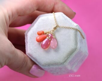 Solid Gold 14K Pink Opal and Italian Pink Coral Charm with a Lobster Clasp