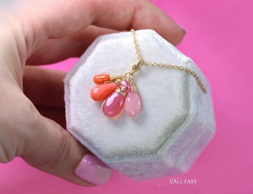 Solid Gold 14K Pink Opal and Italian Pink Coral Charm with a Lobster Clasp