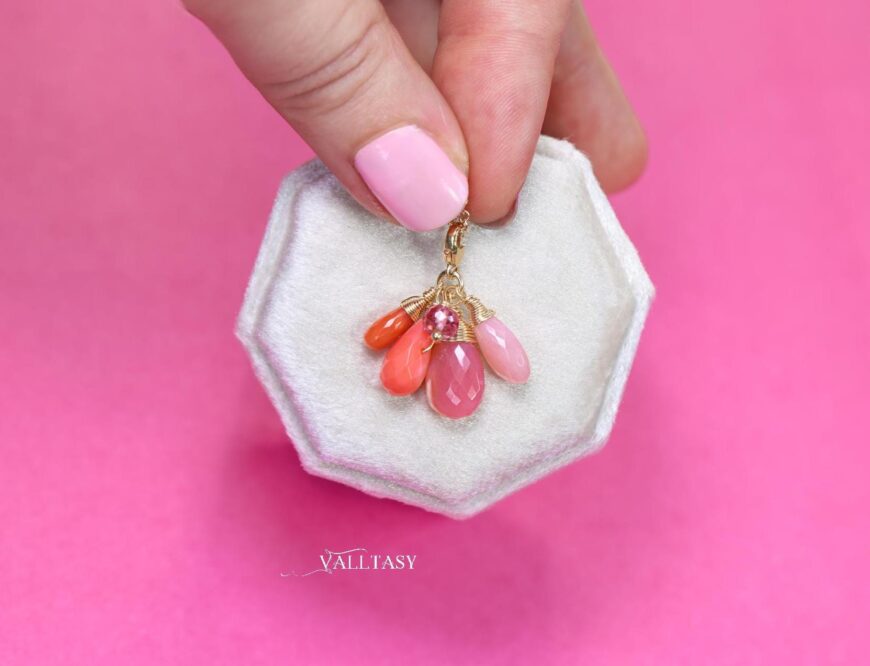 Solid Gold 14K Pink Opal and Italian Pink Coral Charm with a Lobster Clasp