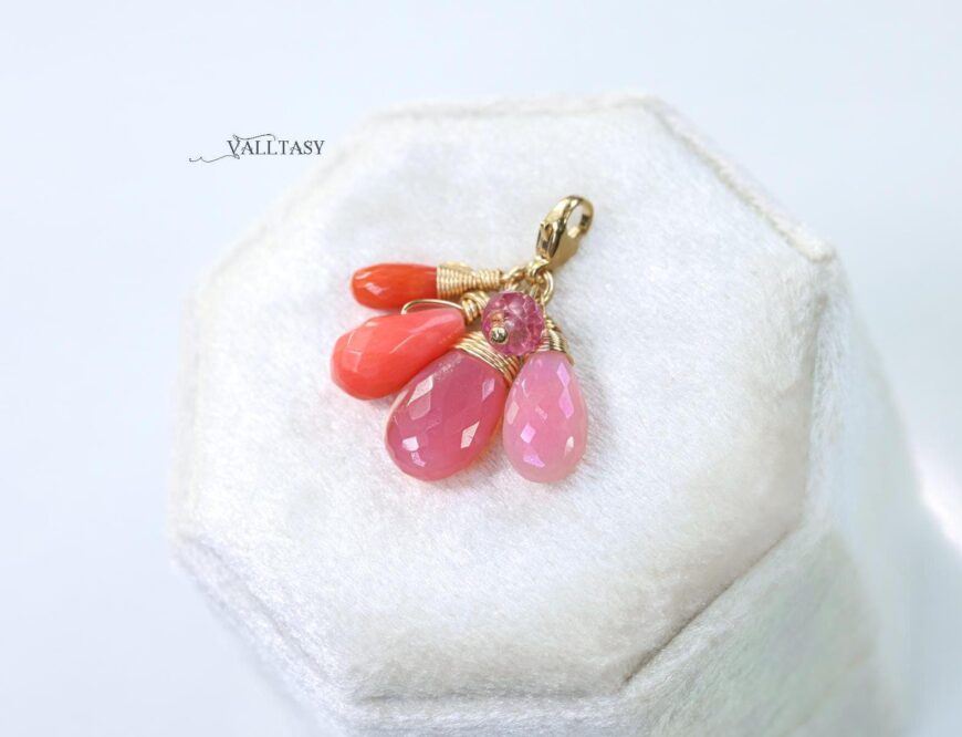 Solid Gold 14K Pink Opal and Italian Pink Coral Charm with a Lobster Clasp