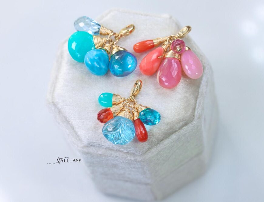 Solid Gold 14K Larimar and Aquamarine Charm with a Lobster Clasp