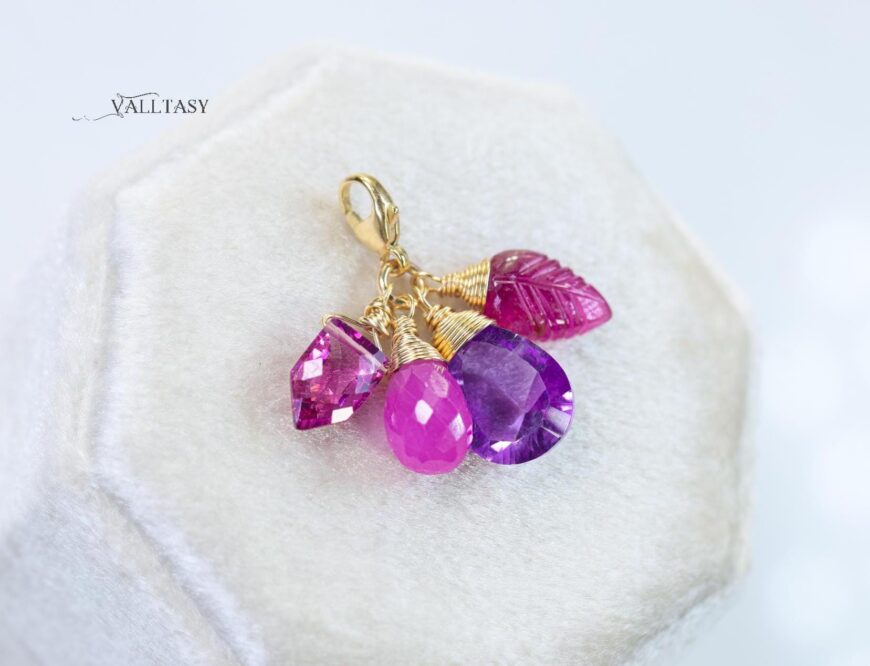 Solid Gold 14K Pink Sapphire and Pink Tourmaline Charm with a Lobster Clasp