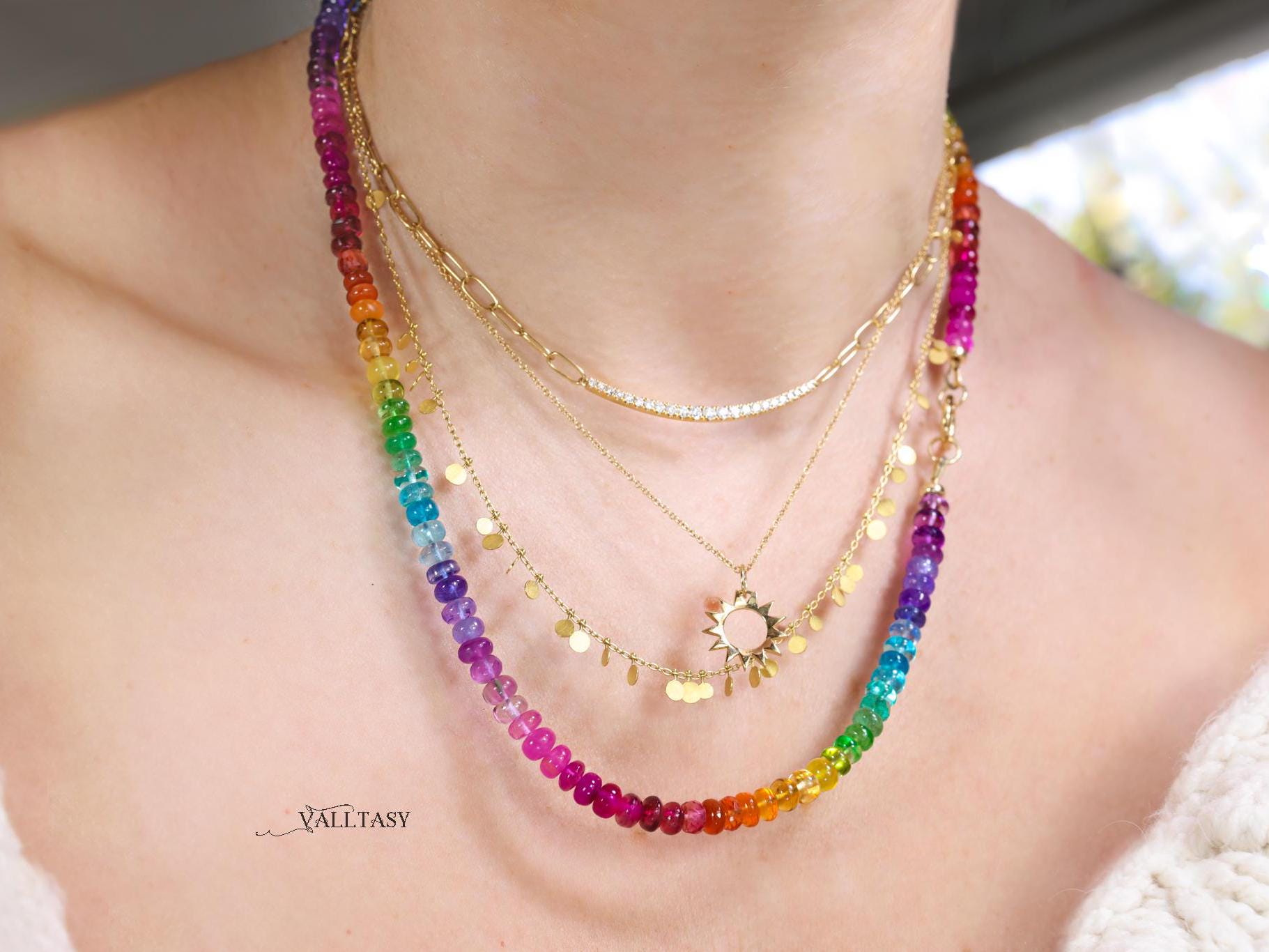 Rainbow gemstone beaded necklace with solid gold chain