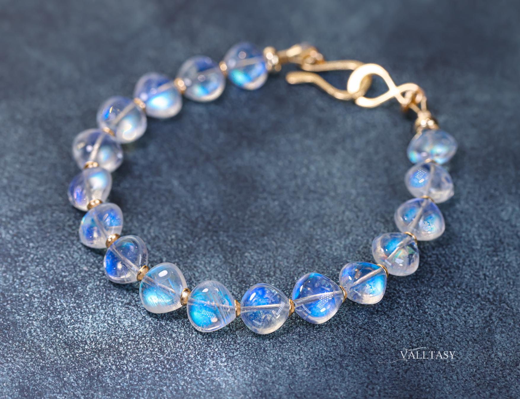 Solid Gold 14K Rainbow Moonstone Bracelet, Bold Blue Glow Solid Gold 14K Rainbow Moonstone Bracelet, Bold Blue Glow
