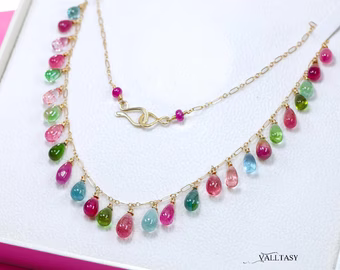 14K Solid Gold Multi Color Tourmaline Necklace, Colorful Tourmaline Drop Necklace