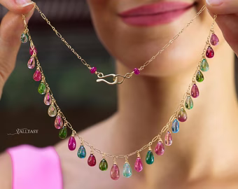 14K Solid Gold Multi Color Tourmaline Necklace, Colorful Tourmaline Drop Necklace