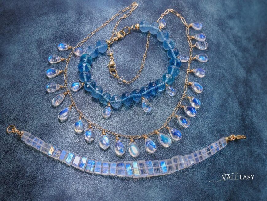 14K Solid Gold Rainbow Moonstone Necklace, Deep Blue Fire Moonstone Drop Necklace
