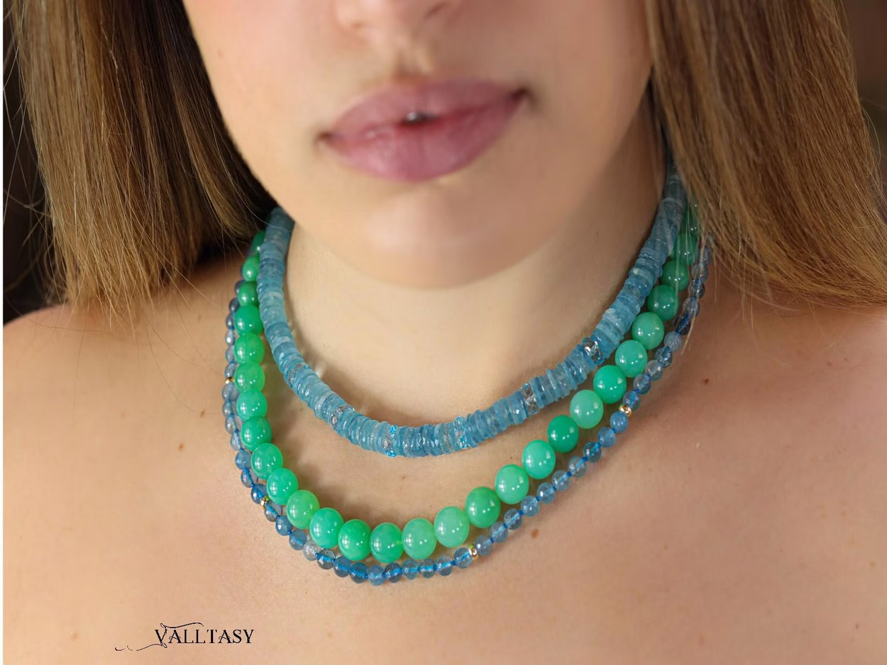 Solid Gold 14K Chrysoprase Sphere Beaded Gemstone Necklace, One of a Kind