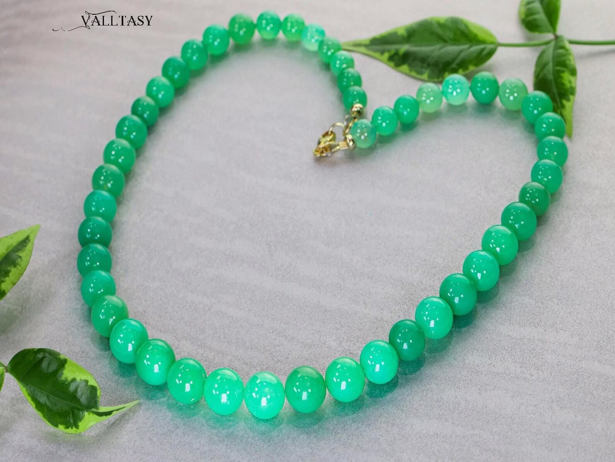 Solid Gold 14K Chrysoprase Sphere Beaded Gemstone Necklace, One of a Kind