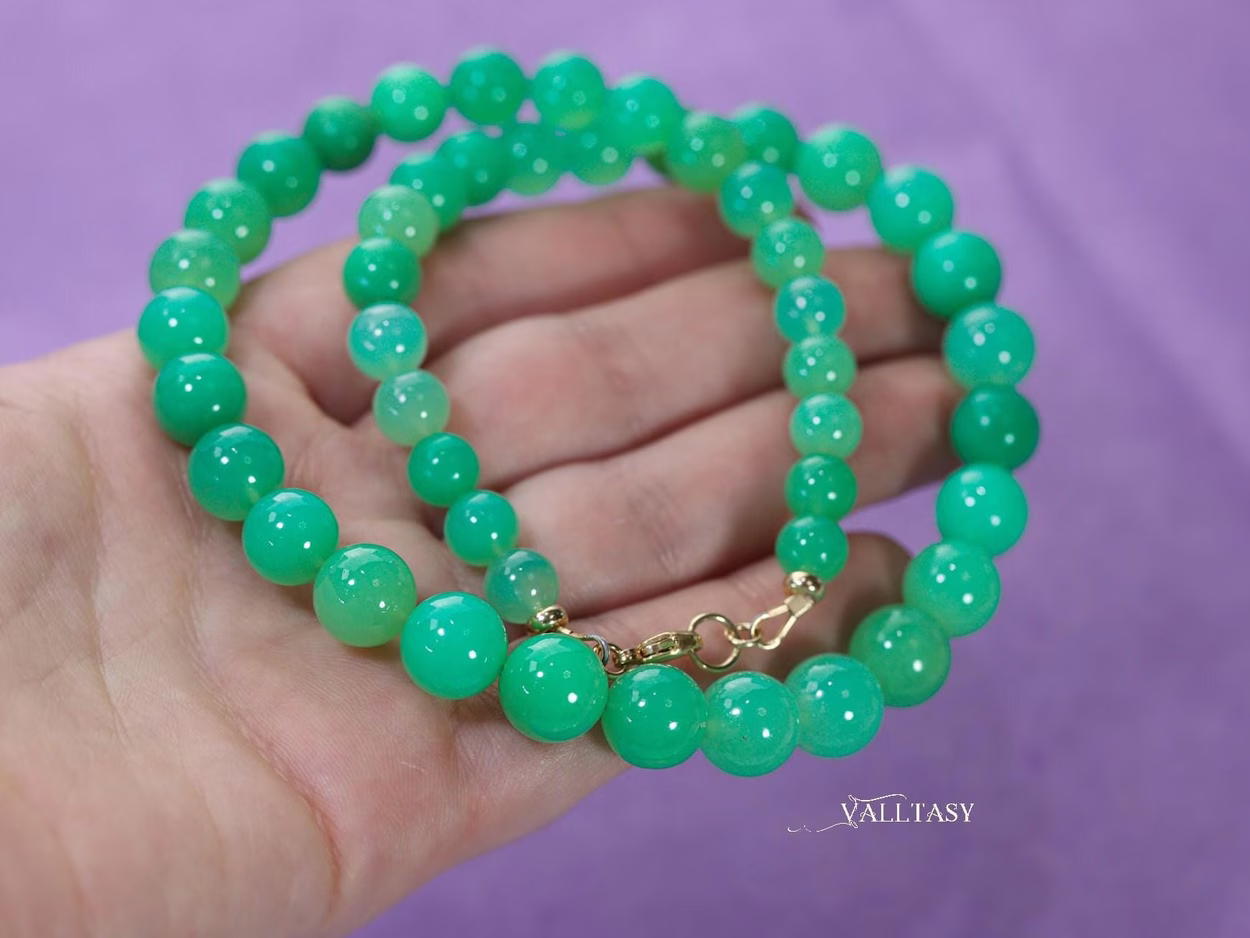Solid Gold 14K Chrysoprase Sphere Beaded Gemstone Necklace, One of a Kind