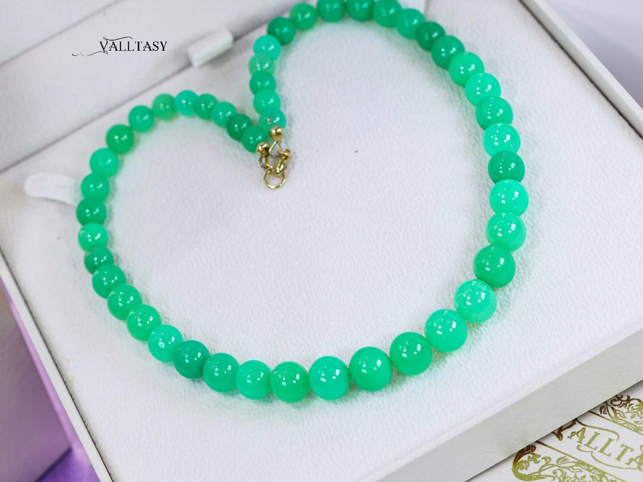 Solid Gold 14K Chrysoprase Sphere Beaded Gemstone Necklace, One of a Kind