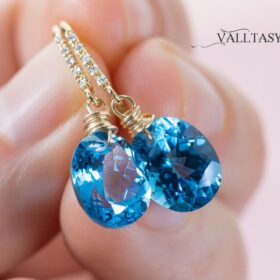 The Glacier Glow Earrings – Solid Gold 14K Diamond Oval Swiss Blue Topaz Earrings, Genuine Natural Topaz Earrings