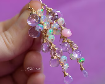 - Solid Gold 14K Ethiopian Opal and Lavender Pink Gemstone Earrings