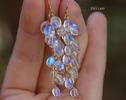 Solid Gold 14K Rainbow Moonstone Dangle Cluster Earrings, Finest Quality Moonstone Earrings