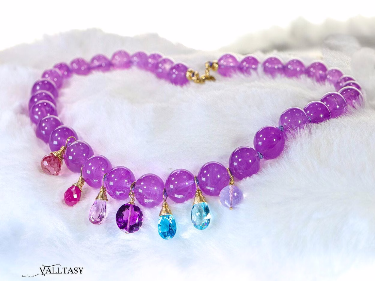 Solid Gold 14K Silk Knotted Multi Charm Gemstone Amethyst Necklace