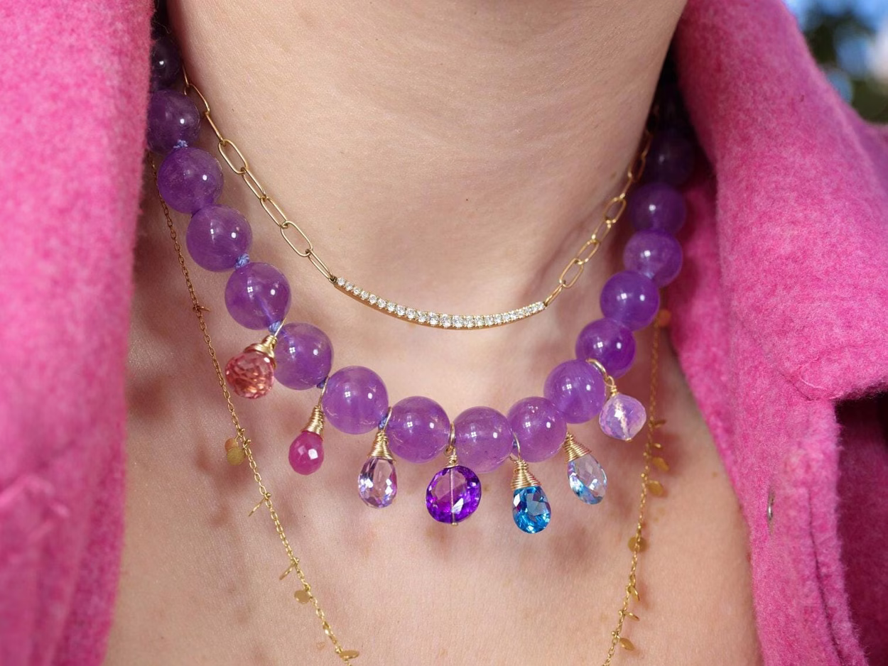 Solid Gold 14K Silk Knotted Multi Charm Gemstone Amethyst Necklace