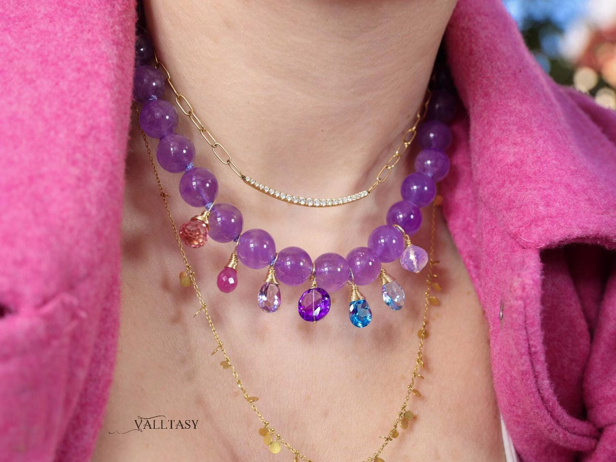 Solid Gold 14K Silk Knotted Multi Charm Gemstone Amethyst Necklace