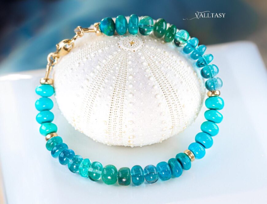 Solid Gold 14K Turquoise Bracelet, Aqua Blue Gemstone Bracelet with Turquoise, Grandidierite and Apatite