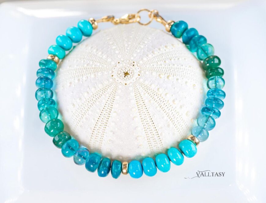Solid Gold 14K Turquoise Bracelet, Aqua Blue Gemstone Bracelet with Turquoise, Grandidierite and Apatite