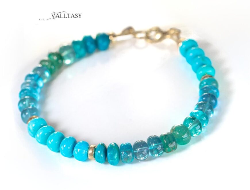 Solid Gold 14K Turquoise Bracelet, Aqua Blue Gemstone Bracelet with Turquoise, Grandidierite and Apatite