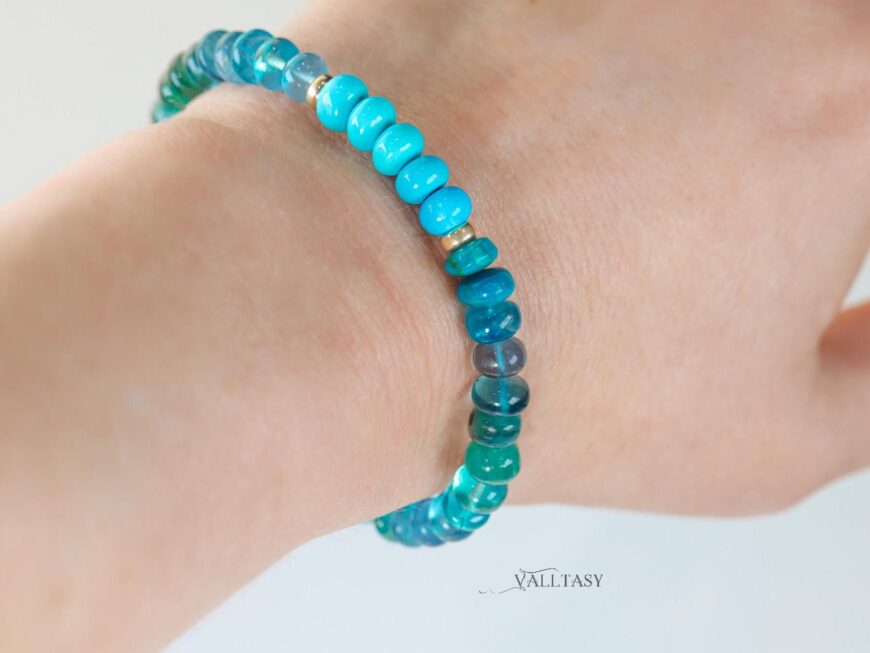 Solid Gold 14K Turquoise Bracelet, Aqua Blue Gemstone Bracelet with Turquoise, Grandidierite and Apatite