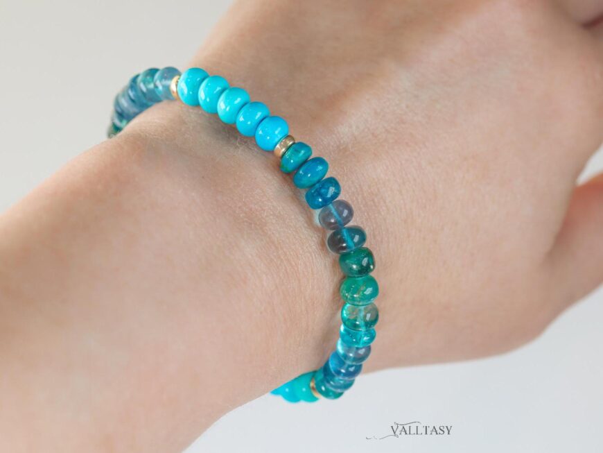 Solid Gold 14K Turquoise Bracelet, Aqua Blue Gemstone Bracelet with Turquoise, Grandidierite and Apatite