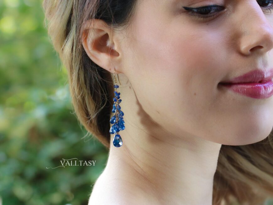 Blue Kyanite Earrings, Blue Long Cluster Gemstone Earrings