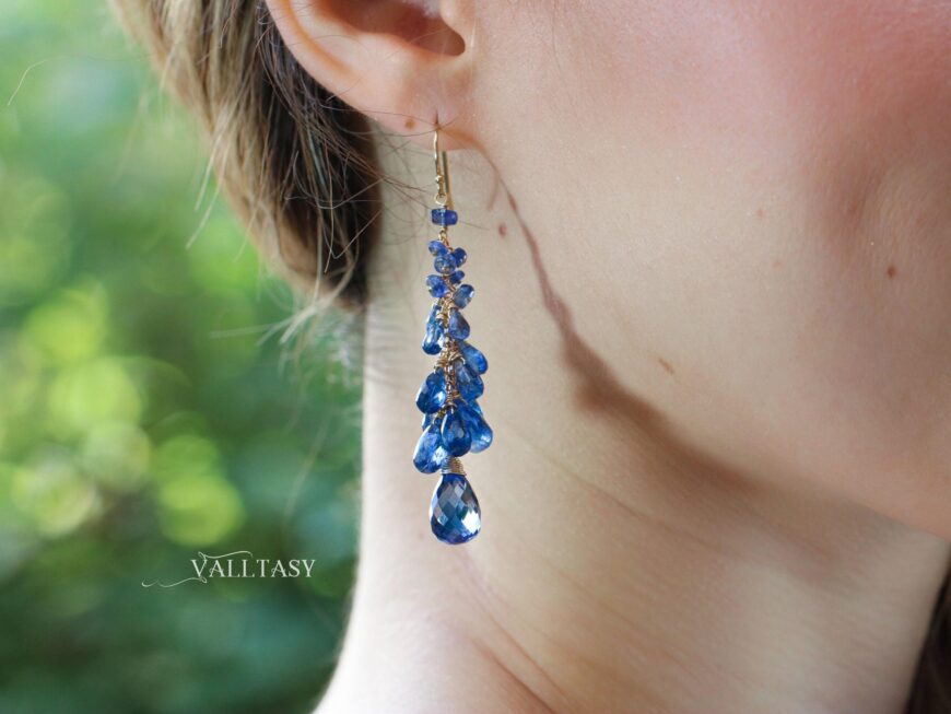 Blue Kyanite Earrings, Blue Long Cluster Gemstone Earrings