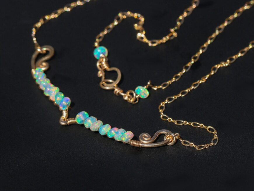 Ethiopian Opal Gemstone Bar Necklace Wire Wrapped in Gold Filled