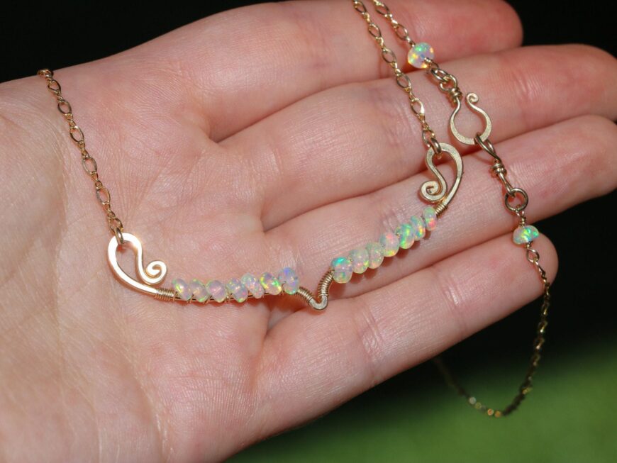 Ethiopian Opal Gemstone Bar Necklace Wire Wrapped in Gold Filled