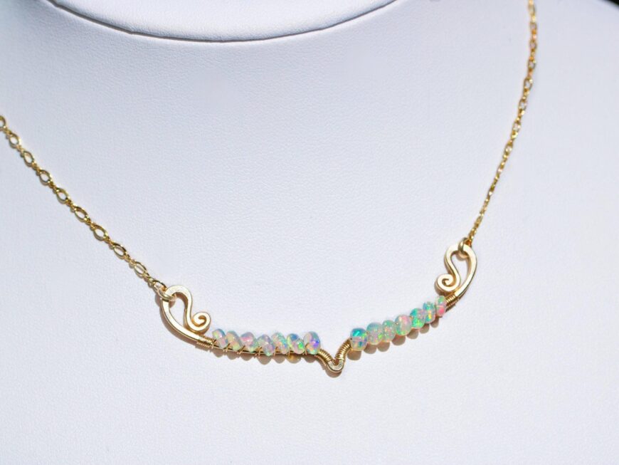 Ethiopian Opal Gemstone Bar Necklace Wire Wrapped in Gold Filled