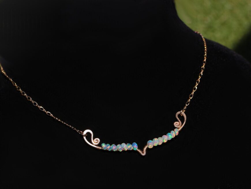 Ethiopian Opal Gemstone Bar Necklace Wire Wrapped in Gold Filled