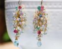 - Ethiopian Opal Long Cluster Earrings, Statement Earrings with Paraiba Tourmaline, Pink Tourmaline and Aquamarine