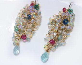 Ethiopian Opal Long Cluster Earrings, Statement Earrings with Paraiba Tourmaline, Pink Tourmaline and Aquamarine