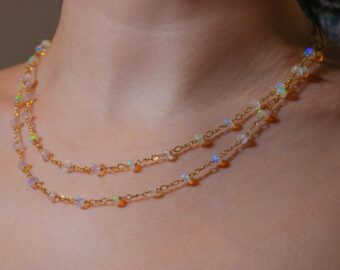 Kissed Necklace - Solid Gold 14K Ethiopian Opal and Rainbow Moonstone Gemstone Necklace