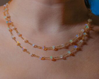 Kissed Necklace - Solid Gold 14K Ethiopian Opal and Rainbow Moonstone Gemstone Necklace
