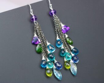 Long Tassel Earrings with Multi Gemstone Precious Stones, Mixed Metal Earrings