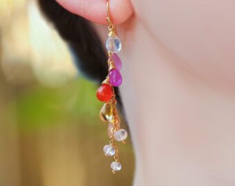 Multi Gemstone Pink Orange Gemstone Earrings Wire Wrapped in Gold Filled