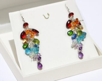 Multi Gemstone Rainbow Earrings, Long Gemstone Cluster Earrings in Sterling Silver